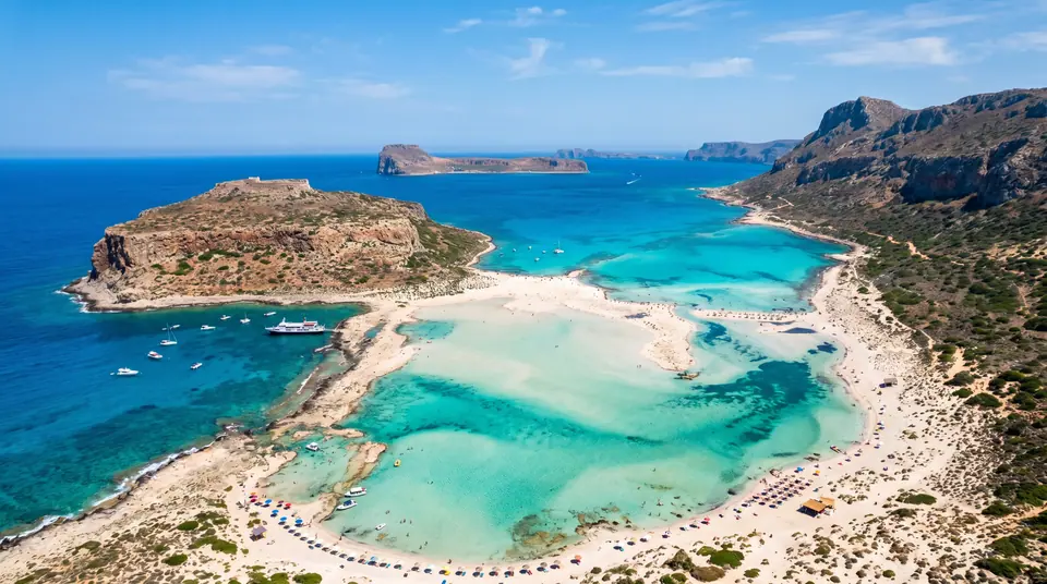 Balos Lagoon aerial view with milky turquoise water and Gramvousa island, western Crete
