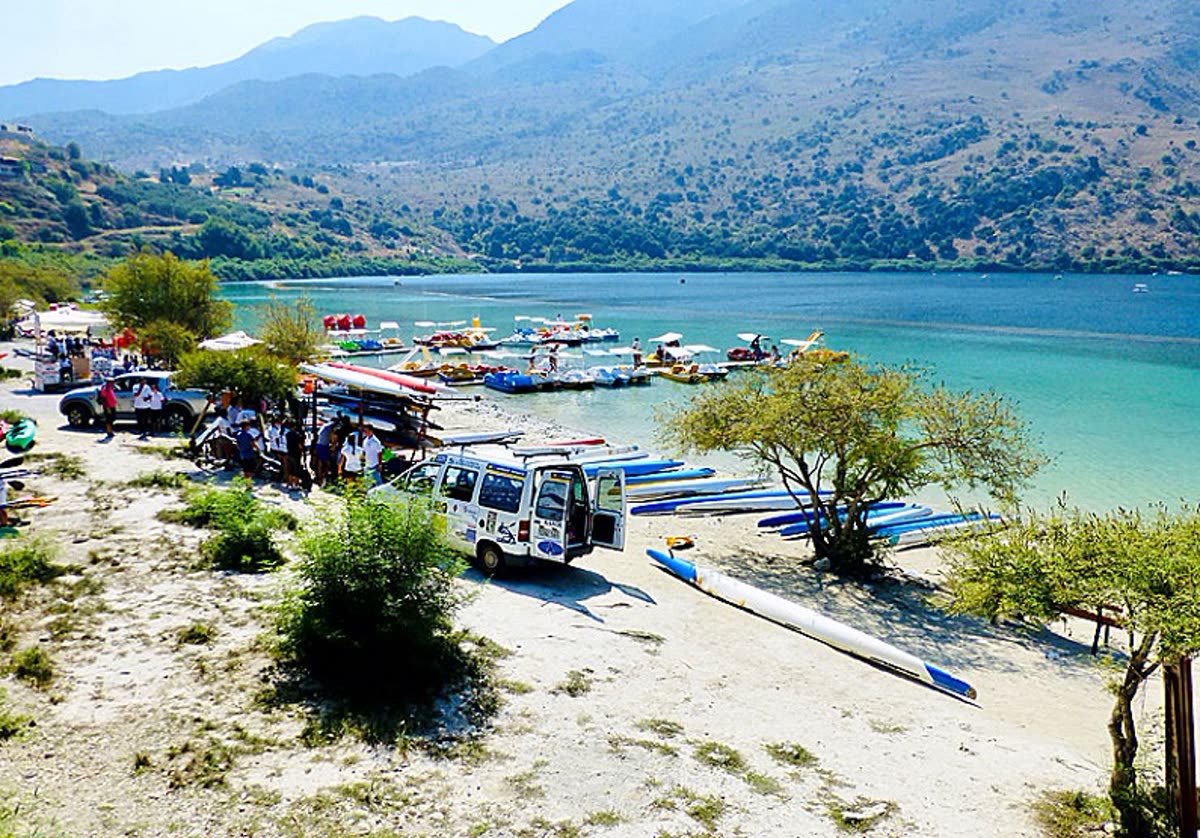 Lake Kournas, Crete's only natural freshwater lake, ringed by the White Mountains
