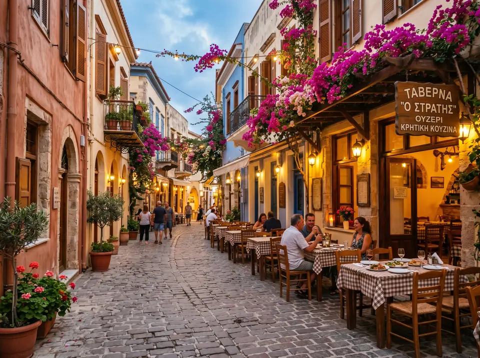 Venetian architecture in Rethymno Old Town, Crete — narrow alleyways and Ottoman minarets