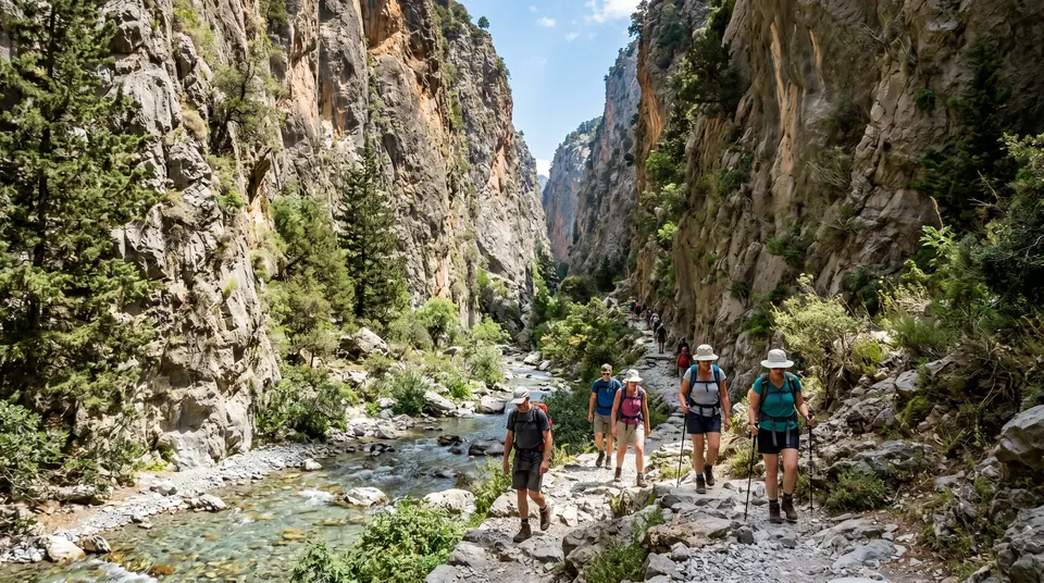 Hikers in Samaria Gorge, Crete — towering limestone walls and a rocky path